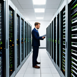 A professional network administrator, fully clothed in modest business attire, is diligently working in a pristine, modern data center. The administrator is standing by a rack of blinking servers and network switches, possibly checking cables or monitoring diagnostic displays. The background features rows of server racks, indicating a robust infrastructure. The image conveys a sense of focus and technical expertise. Professional photography, high detail, sharp focus, natural lighting, safe for work, appropriate content, fully clothed, professional dress, perfect anatomy, correct proportions, natural pose, well-formed hands, proper finger count, natural body proportions.