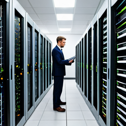 Home 18 A professional network administrator, fully clothed in modest business attire, is diligently working in a pristine, modern data center. The administrator is standing by a rack of blinking servers and network switches, possibly checking cables or monitoring diagnostic displays. The background features rows of server racks, indicating a robust infrastructure. The image conveys a sense of focus and technical expertise. Professional photography, high detail, sharp focus, natural lighting, safe for work, appropriate content, fully clothed, professional dress, perfect anatomy, correct proportions, natural pose, well-formed hands, proper finger count, natural body proportions.