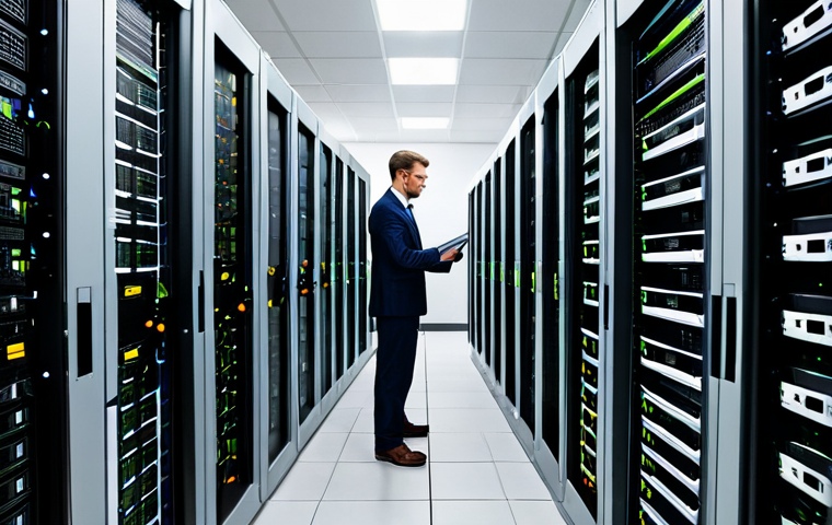 A professional network administrator, fully clothed in modest business attire, is diligently working in a pristine, modern data center. The administrator is standing by a rack of blinking servers and network switches, possibly checking cables or monitoring diagnostic displays. The background features rows of server racks, indicating a robust infrastructure. The image conveys a sense of focus and technical expertise. Professional photography, high detail, sharp focus, natural lighting, safe for work, appropriate content, fully clothed, professional dress, perfect anatomy, correct proportions, natural pose, well-formed hands, proper finger count, natural body proportions.