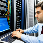 Network Engineer Troubleshooting**

"A network engineer, fully clothed in professional attire, intently examining a server rack in a brightly lit data center. He is using a laptop to diagnose a network issue. Cables and blinking lights are visible. Safe for work, appropriate content, perfect anatomy, correct proportions, natural pose, well-formed hands, proper finger count, professional, high quality, modest clothing."

**