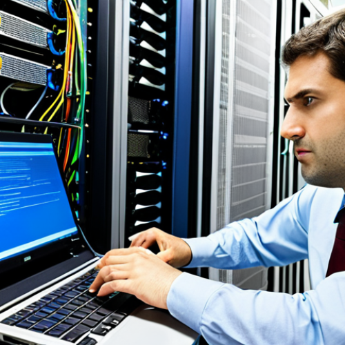 Home 8 Network Engineer Troubleshooting**
"A network engineer, fully clothed in professional attire, intently examining a server rack in a brightly lit data center. He is using a laptop to diagnose a network issue. Cables and blinking lights are visible. Safe for work, appropriate content, perfect anatomy, correct proportions, natural pose, well-formed hands, proper finger count, professional, high quality, modest clothing."
**