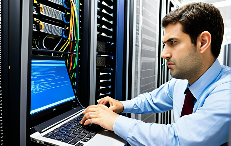 Network Engineer Troubleshooting**
"A network engineer, fully clothed in professional attire, intently examining a server rack in a brightly lit data center. He is using a laptop to diagnose a network issue. Cables and blinking lights are visible. Safe for work, appropriate content, perfect anatomy, correct proportions, natural pose, well-formed hands, proper finger count, professional, high quality, modest clothing."
**