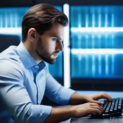 네트워크관리사 실기 시험 대비 설정 연습법 - **Prompt:** "A focused male IT professional in his late 20s, wearing a smart casual button-down shir...