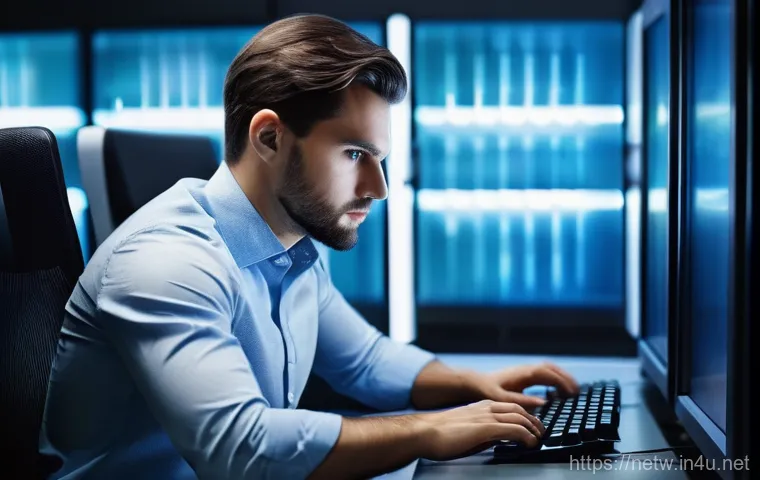 네트워크관리사 실기 시험 대비 설정 연습법 - **Prompt:** "A focused male IT professional in his late 20s, wearing a smart casual button-down shir...
