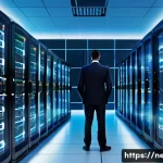 네트워크 자격증 취득 후 데이터센터 경력 전환 - A high-tech data center interior showcasing rows of server racks with blinking LED lights, interconn...