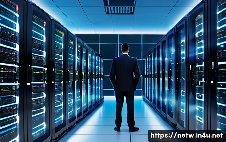 네트워크 자격증 취득 후 데이터센터 경력 전환 - A high-tech data center interior showcasing rows of server racks with blinking LED lights, interconn...