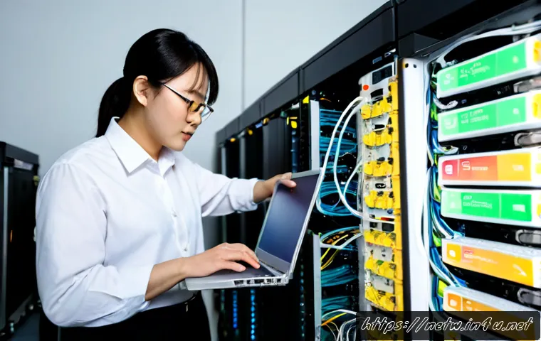 Home 17 네트워크관리사와 라우팅 프로토콜 활용법의 연계성 - Photorealistic network administrator in a neat modern server room, calmly configuring a rack-mounted...