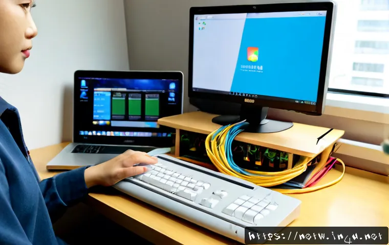 Home 17 네트워크 실기 시험의 주요 과목별 공부 전략 - Photorealistic study desk for a hands-on network certification exam, an adult learner calmly connect...